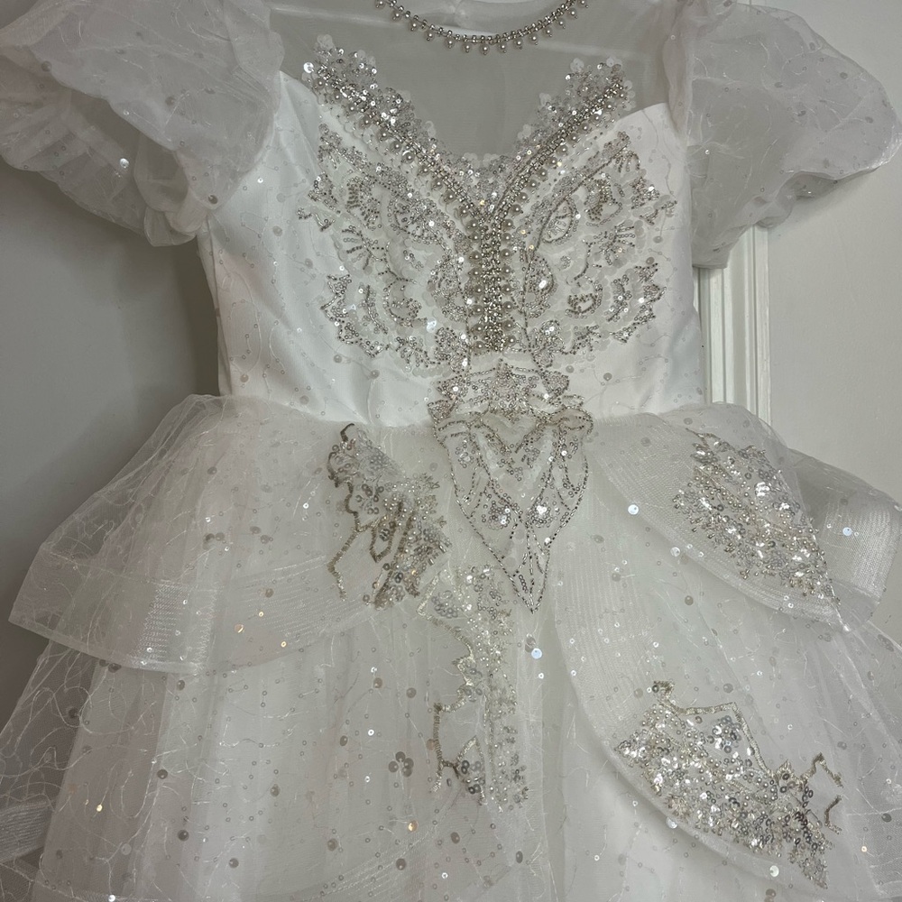 Kids White Beaded Tulle Party Dress